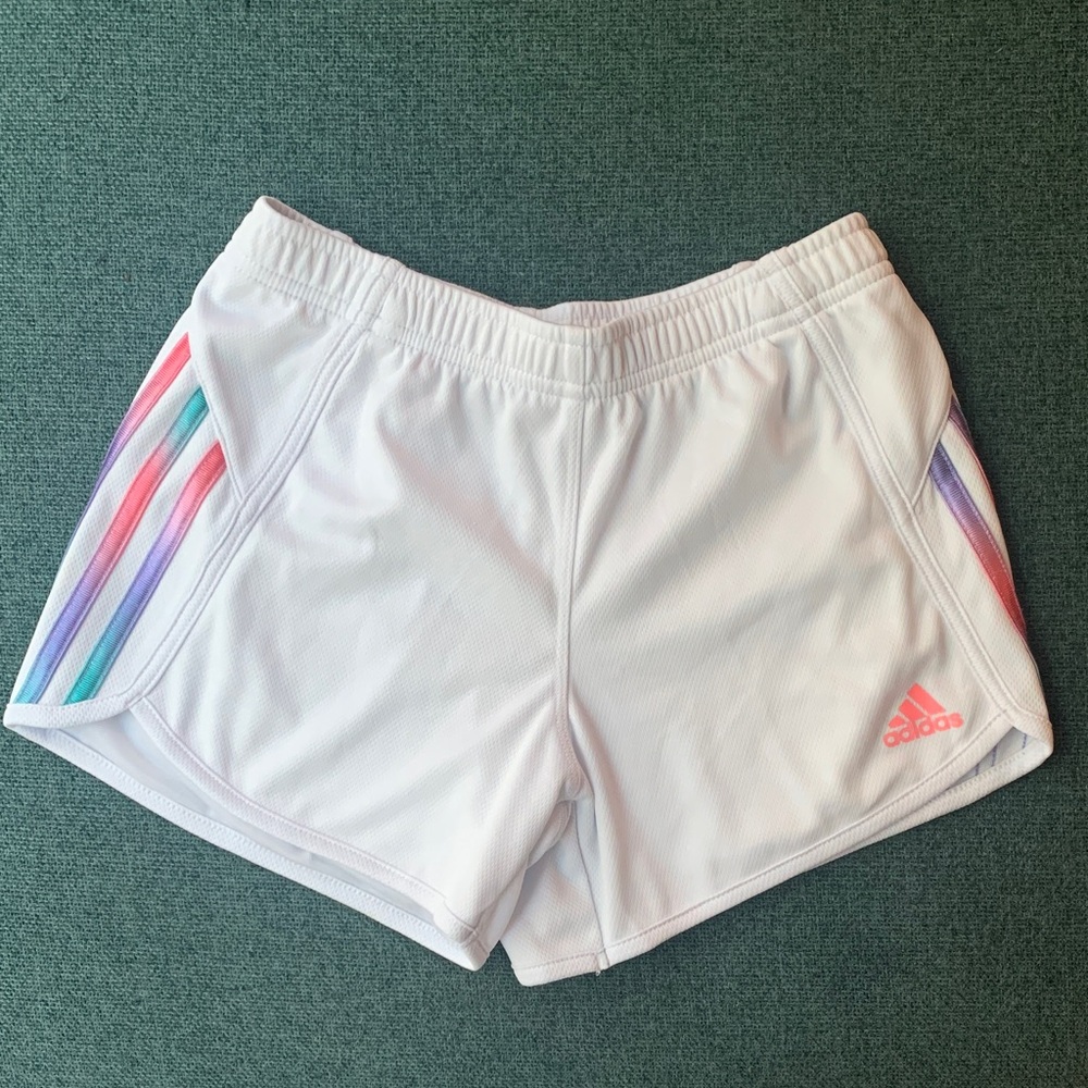 Adidas Girls White Soccer Shorts with Colorful Side Stripes